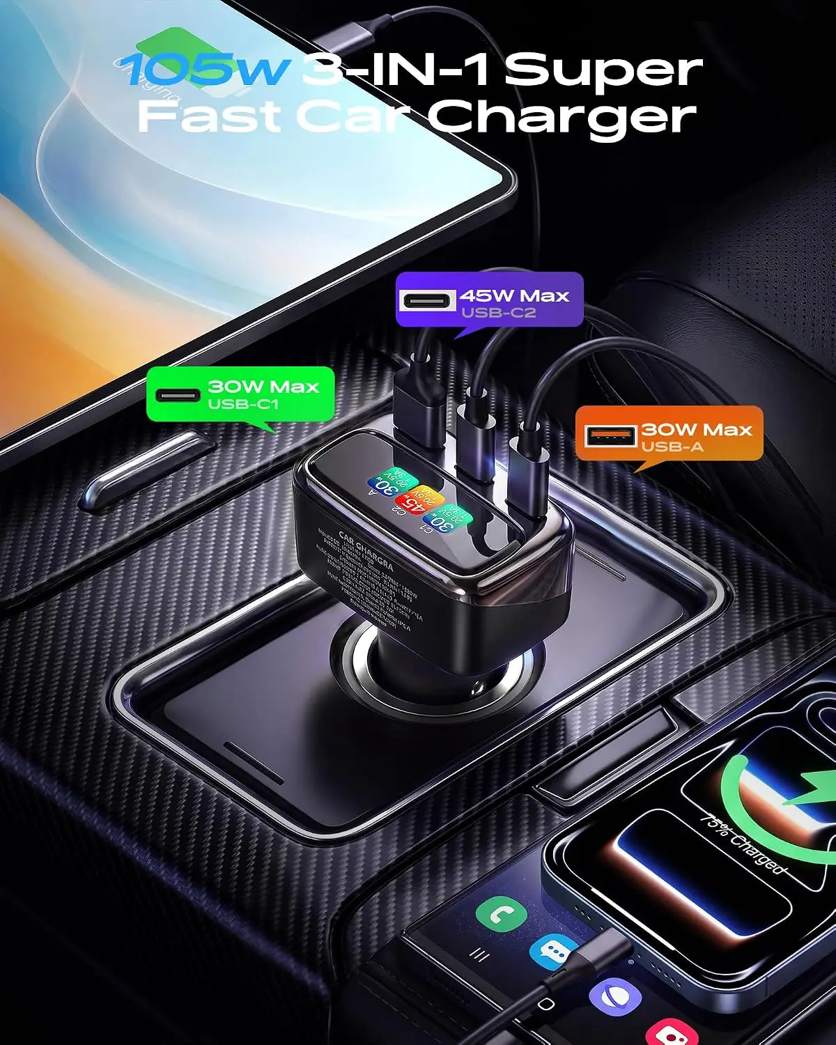 105W USB C Car Charger with Di - Men'S Mens Accessories 评论和价格